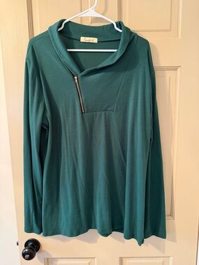 Cyanstyle Emerald Green Zip-Neck Pullover
